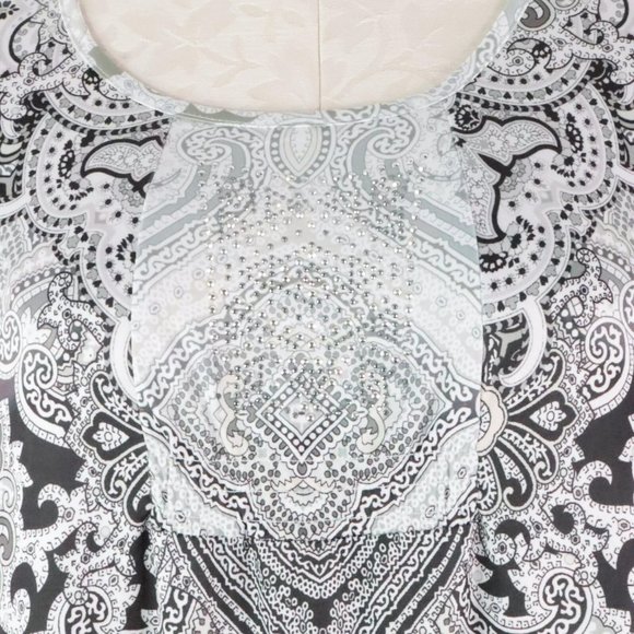 One World Womens M White Gray Ornate Rhinestone A-Line Silky Stretch Shift Dress - Picture 5 of 9